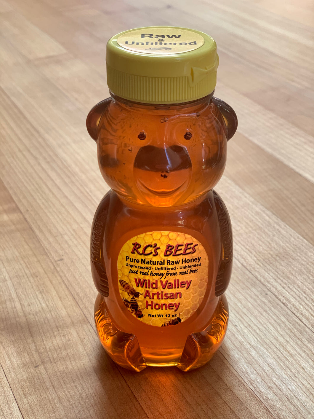 RC's BEEs Wild Valley Artisan Honey 12 oz Amber Honey Bear Squeeze Bottle