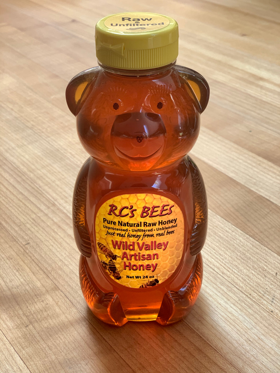 RC's BEEs Wild Valley Artisan Honey 24 oz Amber Honey Bear Squeeze Bottle